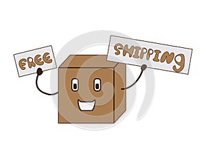 Brown cartoon box holding FREE SHIPPING sign