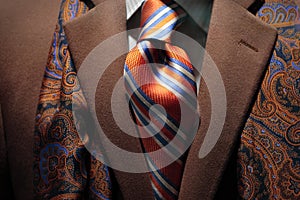 Brown cashmere coat, patterned silk scarf and tie