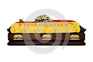 A brown Casket at a traditional Chinese funeral services