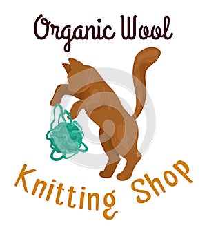 Brown cat holding green yarn ball, cute knitting shop logo design. Crafting, homemade hobbies