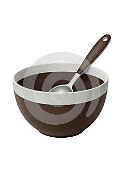 Brown ceramic bowl with a white rim, featuring a smooth surface