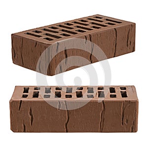 Brown ceramic brick is isolated on a white background. Decorative pattern is old cracks