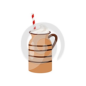 Brown ceramic mug of hot chocolate with drinking straw. Tasty holiday drink with whipped cream. Flat vector design