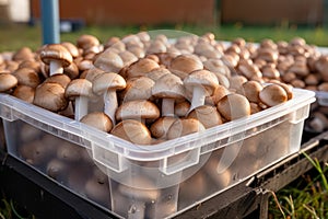 Brown champignons in a plastic boxes Ai photo