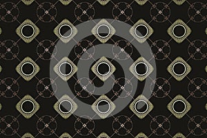 Brown checkered pattern of squares and circles on a black background.
