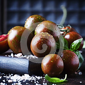 Brown cherry tomatoes with sea salt and green basil on dark tabl