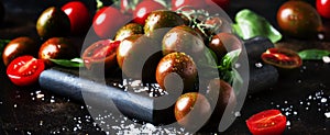 Brown cherry tomatoes with sea salt and green basil on dark table, autumn harvest, selective focus