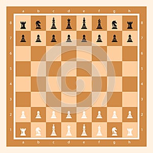 Brown Chess Board With Chess Figurine Algebraic Notation. Chess Game Vector illustration