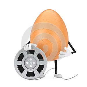 Brown Chicken Egg Person Character Mascot with Film Reel Cinema Tape. 3d Rendering