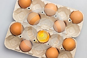 Brown chicken eggs in carton container. One broken egg in container