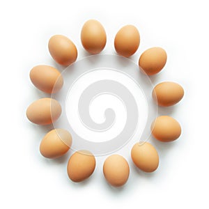 Brown Chicken eggs in a circle sharp on white background.