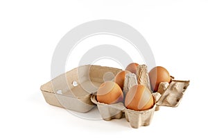 Brown chicken eggs in an open egg carton or raw chicken eggs in egg box isolated on white background. full depth of field.