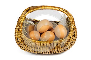 Brown Chicken Eggs and Pen in a Wicker Basket Isolated on White