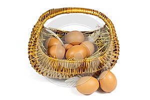 Brown Chicken Eggs and Pen in a Wicker Basket Isolated on White