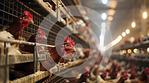 Brown chickens peering out from their confined cages in an industrial egg-laying farm. Poor living conditions in poultry