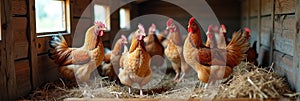 Brown chickens in rustic coop with hay on wooden floor