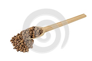 brown chickpeas on wooden spoon isolated on white background. nutrition. food ingredient