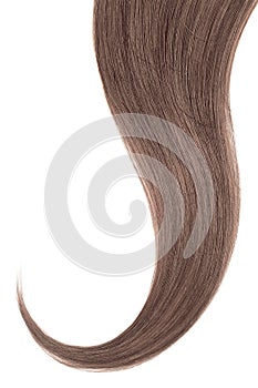Brown chocolate hair isolated on white background. Long wavy ponytail