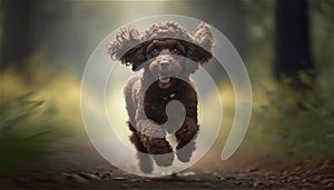 The brown chocolate poodle dog running outdoors, forest nature background. Generative AI