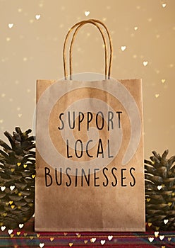 Brown Christmas paper bag with `support local businesses` message in front of a beige background with pine cone props