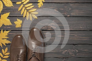 Brown classic leather men`s shoes and autumn golden leaves on dark wooden background top view. Autumn Fashion Concept. Fashionabl