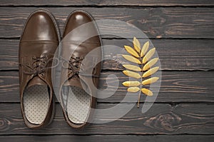 Brown classic leather men`s shoes and autumn golden leaves on dark wooden background top view. Autumn Fashion Concept. Fashionabl