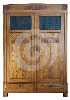 Brown classic wardrobe cabinet with two doors isolated on white background
