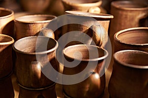 Brown clay ceramic cups traditional historical Ukrainian