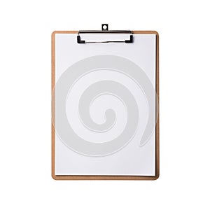 Brown clipboard with clip at the top for papers. Single clipboard, writing board with papers. Realistic, photography