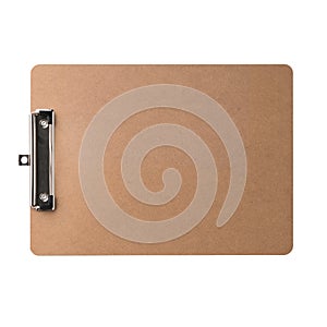 Brown clipboard with clip at the top for papers. Single clipboard, writing board without papers. Realistic, photography