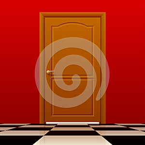 Brown closed door with red wall and glossy chess floor