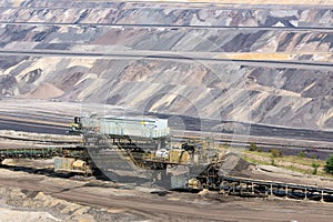 Brown coal open pit landscape with conveyor belt in Germany