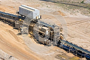 Brown coal open pit landscape with conveyor belt in Germany