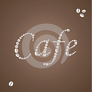 Brown coffee background with white insignia composed from shilouette of coffee beans. photo