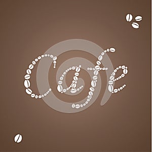 Brown coffee background with white insignia composed from shilouette of coffee beans.