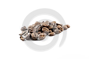 Brown coffee beans isolated white background, center frame