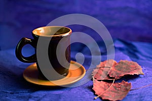 Brown coffee cup and dry aspen leaves