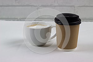 Brown coffee mock up on blank background for design any ideas. Paper mug cup template for cafe or restaurant create identity set.