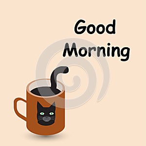 Brown coffee mug with cat face and tail and the text good morning
