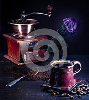 Brown coffee still life with mill