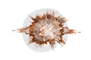 Brown color powder explosion on white background