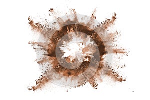 Brown color powder explosion on white background