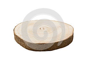 Brown color wooden round plate or stump isolated over white background. perspective view