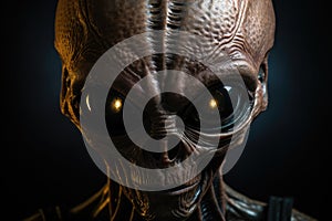 Brown-colored big-eyed alien with non-human biological alive concept. Generative ai