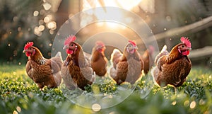 Brown colored hens flock and walk on grass in front of sunrise in style of lens flares
