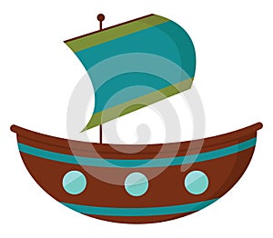 A brown-colored sailboat and a hoisted blue flag with two green horizontal bands at its extremes vector or color illustration