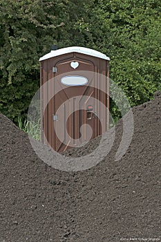 Brown coloured loo unit standing in a forest