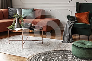 Brown comfortable corner sofa in elegant living room interior with grey wall with molding and coffee table