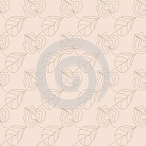 Brown contours of flowers and leaves on a beige background. Refined lines, plants, silhouettes. Vector seamless pattern