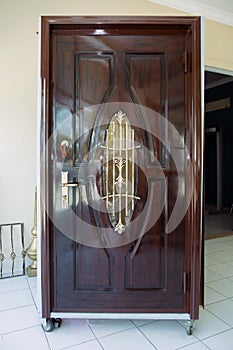 Copper door with handle and lockset looks natural tropical and industrial loft . Door for sale in the store . White copper metal